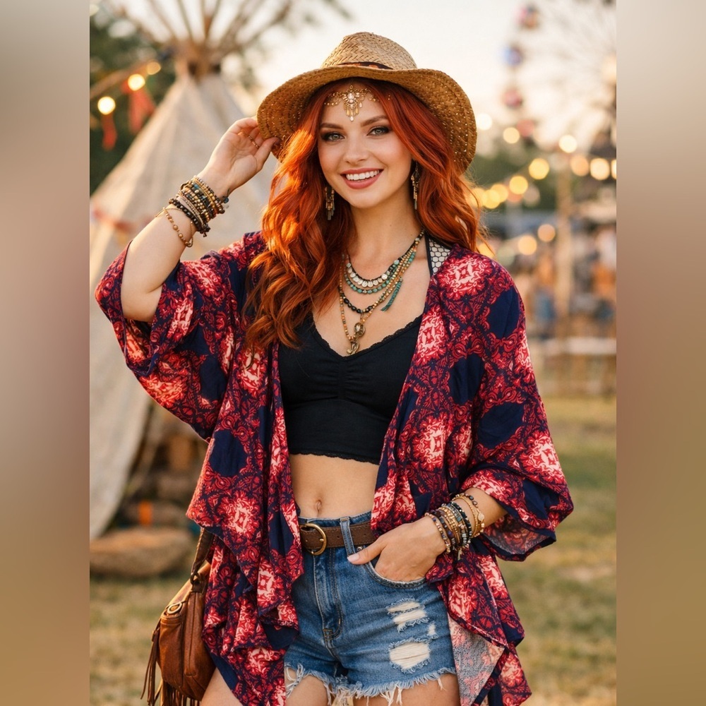 Charlotte Russe Women’s Purple Printed Long Sleeve kimono Size M Boho festival